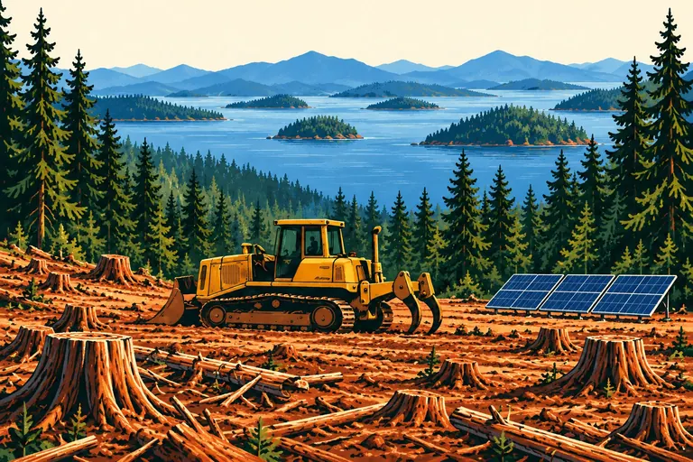 Illustration of a bulldozer, cut stumps and solar panels beside an island forest and water.